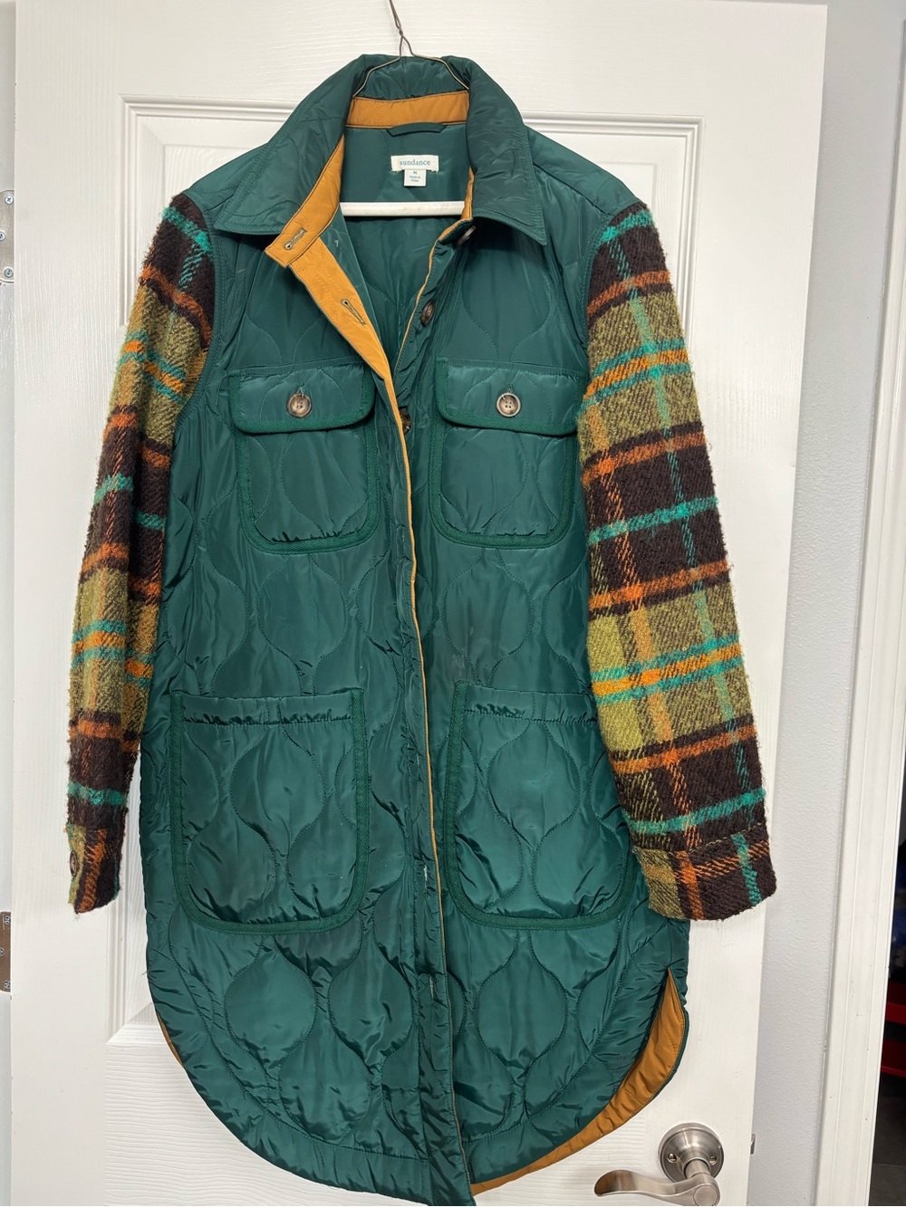 Sundance Quilted Green Mixed-Media Coat with Plaid Sleeves